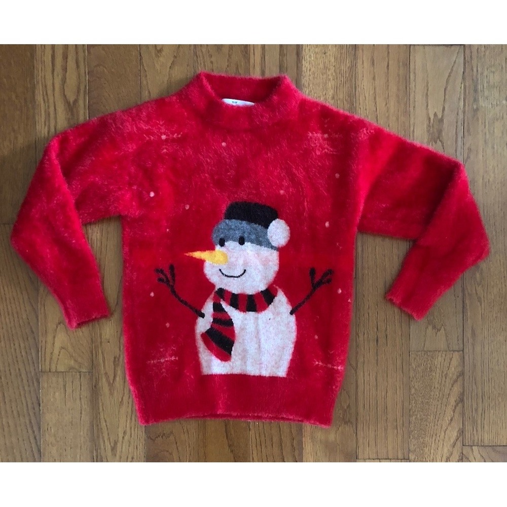 SNOWMAN CHRISTMAS SWEATER Unisex Size 7 Thick Fuzzy Red Adorable Sweetness CUTE